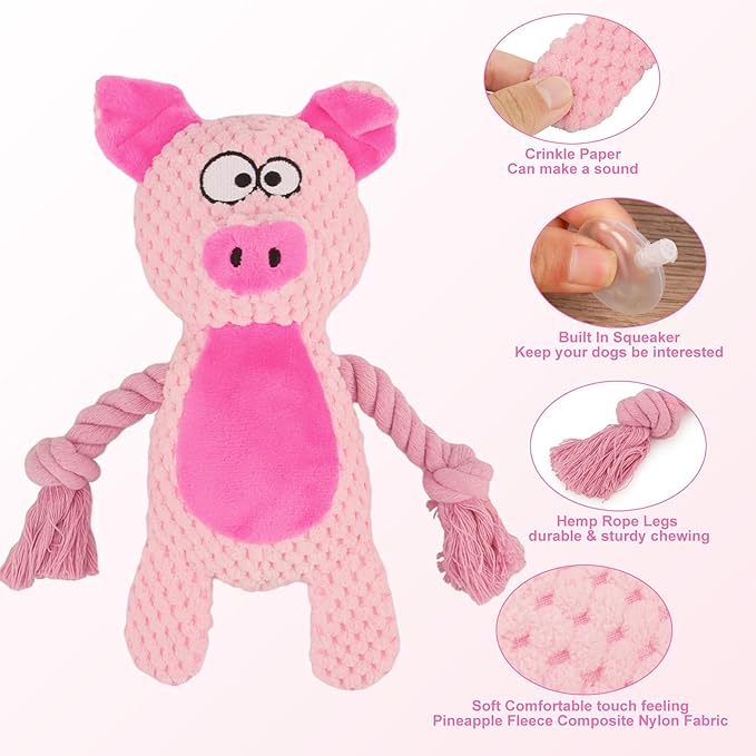 Dog Toys, Dog Squeaker Toys with Crinkle Paper, Stuffed Animal Dog Plush Chewing Toy, Cotton Rope Interactive Toys for Puppy, Small, Middle Dogs (Pink Pig)