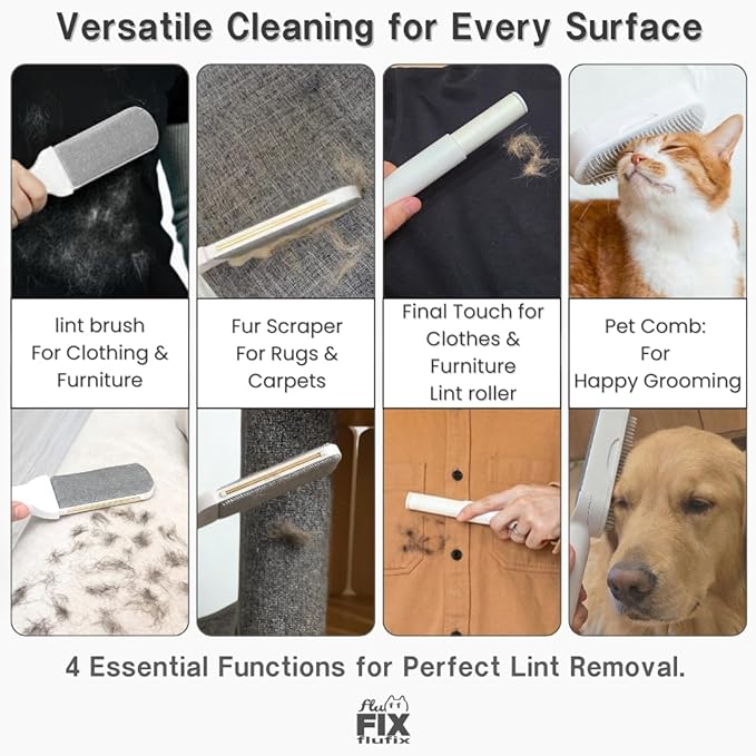 SufurLint 4-in-1 Pet Hair Remover & Grooming Brush - Multi-Functional Cat Deshedding Tool, Reusable Lint Roller for Furniture and Clothing, Reusable, eco-Friendly Remover