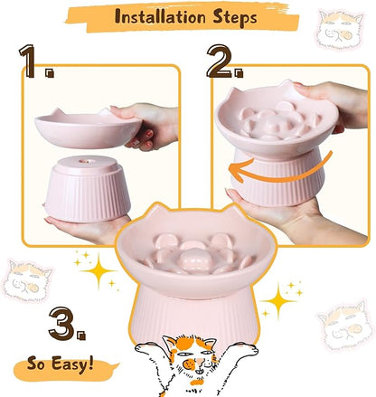 Unbreakable Raised Slow Feeder Bowl for Cats and Small Dogs, Elevated Cat Bowls, Detachable Slow Feede Bowl, Heavy Weighted, Non-Slip Feeder, Dry & Wet Food, Whisker Friendly (Pink; 6.2'')