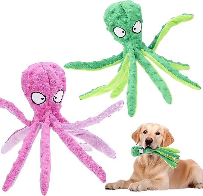 2 Pcs Octopus Dog Toys, No Stuffing Squeaky Dog Toys Chew Toys for Dogs Puppy Toys Indestructible Dog Toy for Small & Medium & Large Dogs (Purple,Green)