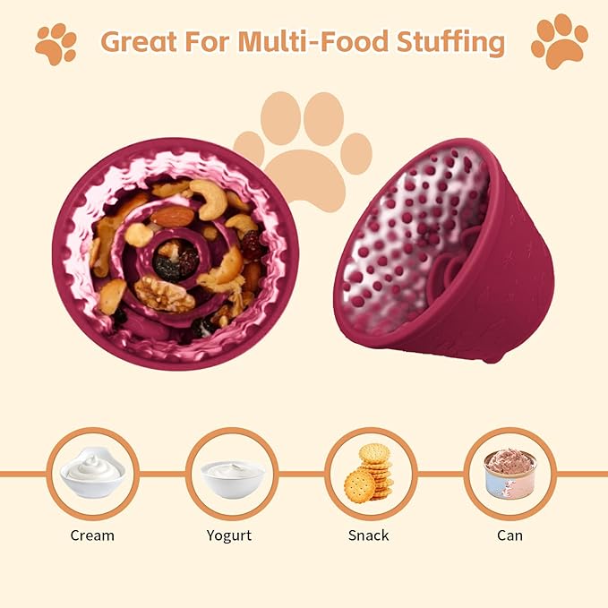 Dog Lick Bowl, Anxiety Relief Silicone Slow Feeder Treat Dispenser, Anti-chocking Pet Dish, Non-Slip Licking Bowl Interactive Entertainment Dog Puzzle Toy for Small & Medium-Dark Red