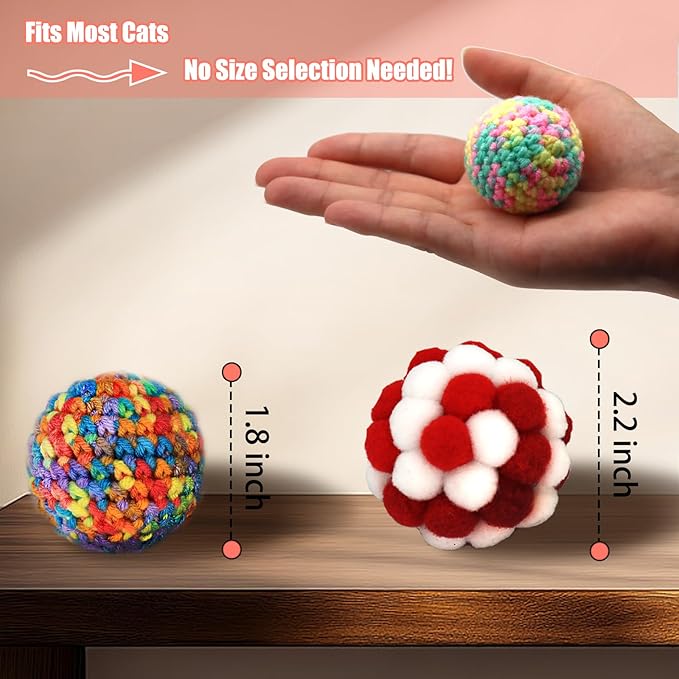 Cat Ball with Bell 3 Jingle Bell Ball & 3 Soft Pom Pom Balls Interactive Kitten Toys for Hunting Kicking, Handmade Small 1.8” & Large 2.1” for Cats Kittens 6 Pack