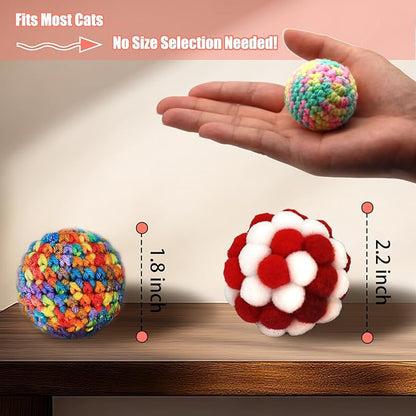 Cat Ball with Bell 3 Jingle Bell Ball & 3 Soft Pom Pom Balls Interactive Kitten Toys for Hunting Kicking, Handmade Small 1.8” & Large 2.1” for Cats Kittens 6 Pack