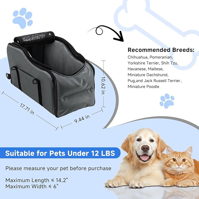 Center Console Dog Car Seat - Suitable for Small Dogs and Puppies Up to 12 lbs,Portable Armrest Booster with Safety Belt, Easy-Clean Technical Cloth,Safety Leash,Storage Bag,Multi-Function Pet Carrier