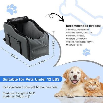 Center Console Dog Car Seat - Suitable for Small Dogs and Puppies Up to 12 lbs,Portable Armrest Booster with Safety Belt, Easy-Clean Technical Cloth,Safety Leash,Storage Bag,Multi-Function Pet Carrier