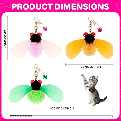 Walfront Interactive Insect Cat Toy for Indoor Cats | Bug Feather Wand with Metal Handle and 3 Realistic Insect Attachments for Exercise, Enrichment and Fun Play for Kittens and Adult Cats