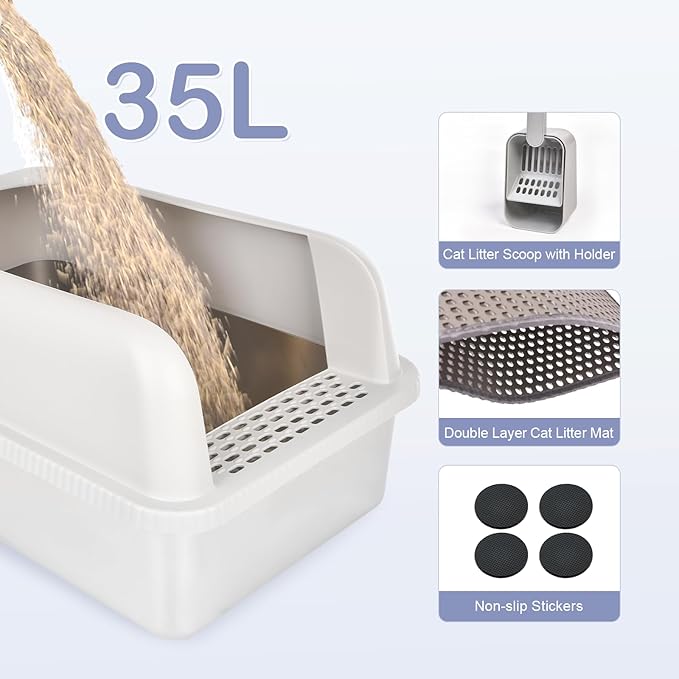 Henkelion Stainless Steel Cat Litter Box with Lid, 24" L x 16" W x 11.8" H, Extra Large Litter Box for Big Cats with High Sided, Anti-Urine Leakage, Easy Cleaning, Include Cat Mat and Scoop