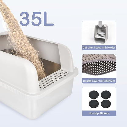 Henkelion Stainless Steel Cat Litter Box with Lid, 24" L x 16" W x 11.8" H, Extra Large Litter Box for Big Cats with High Sided, Anti-Urine Leakage, Easy Cleaning, Include Cat Mat and Scoop