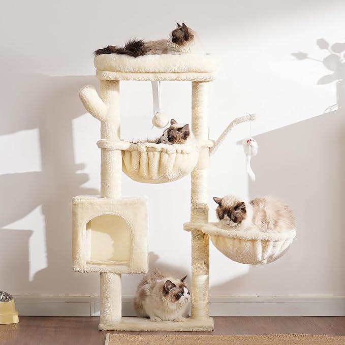 Heybly Cat Tree, 39.4 Inches Tower Condo with Scratching Post, Cat Tower for Indoor Cats, Fully Wrapped Sisal Pole, Soft Platform, 2 Baskets and Dangling Toy, Beige HCT006SM