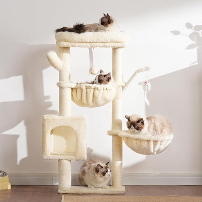 Heybly Cat Tree, 39.4 Inches Tower Condo with Scratching Post, Cat Tower for Indoor Cats, Fully Wrapped Sisal Pole, Soft Platform, 2 Baskets and Dangling Toy, Beige HCT006SM