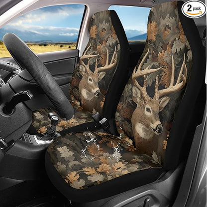 Deer Car Seat Covers Waterproof Front Seat Covers Camo Hunting Forest Bucket Seat Cover Automobile Vehicle Interior Accessories Easy to Install
