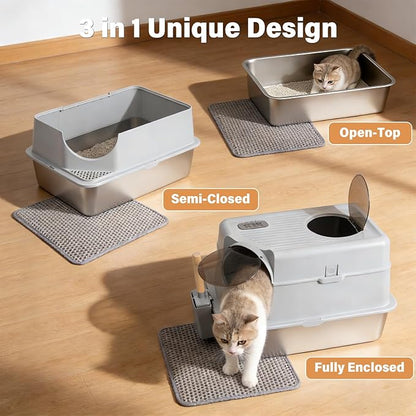 Stainless Steel Cat Litter Box with Lid,3IN1 Metal Litter Box High Sides for Big/Multiple Cats,Indoor,1-Mat and 1-Scoop,Easy to Clean, No Odor,Anti-Urine Leakage
