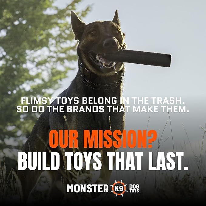 Monster K9 Virtually Indestructible Stick Dog Toy - Lifetime Replacement - Durable for Aggressive Chewers - Safe Non-Toxic Natural Rubber - Chew Tug Fetch - Tough Heavy Duty -, USA Made, 9" x 2"