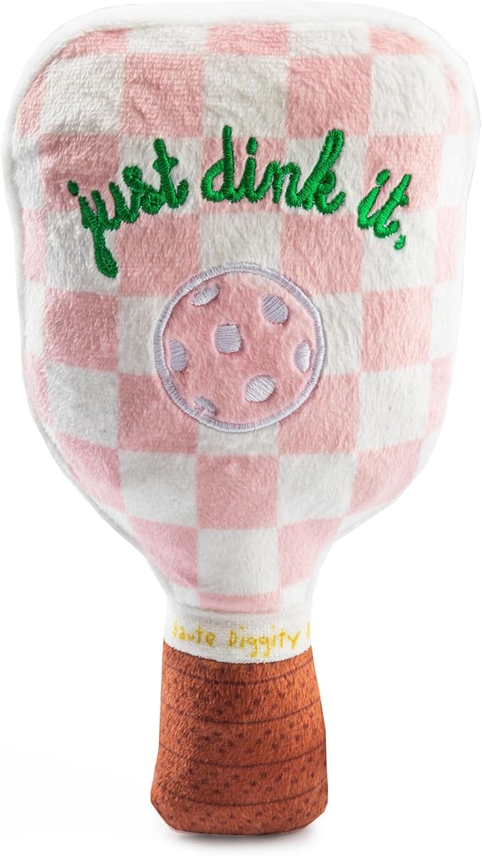 Haute Diggity Dog Pink Checker Pickleball Paddle, Plush Trendy Sporty Dog Toys with Interactive Squeaker, Stimulating Pet Enrichment, Machine-Washable & Safe Materials for All Breeds, One Size