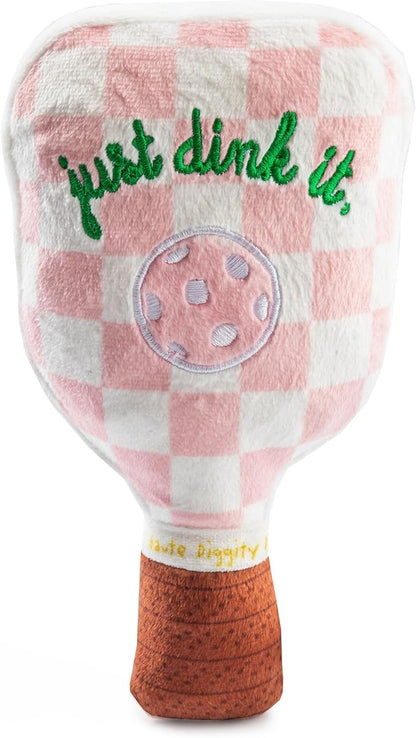 Haute Diggity Dog Pink Checker Pickleball Paddle, Plush Trendy Sporty Dog Toys with Interactive Squeaker, Stimulating Pet Enrichment, Machine-Washable & Safe Materials for All Breeds, One Size