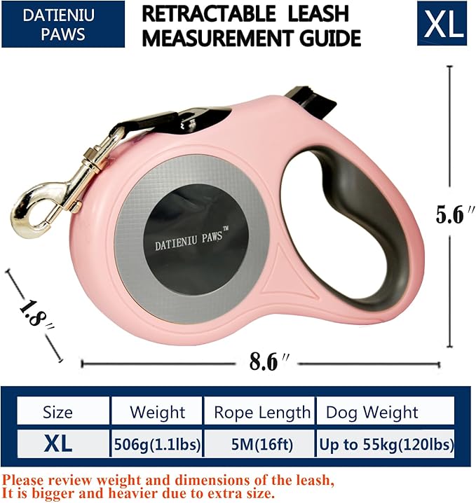 Retractable Dog Leash Strong Nylon Tape 16Ft Reflective Stitch for Night Walking One-Handed Brake Anti-Slip Handle XL Pink