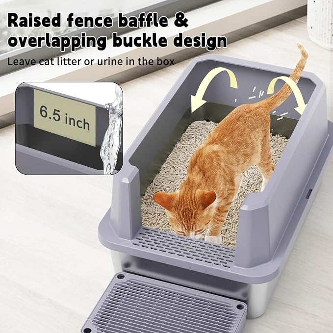 RIZZARI Open Cat Litter Box: Large Gray Stainless Steel Litter Pan 23.8" x 15.9" x 12.4" - High Sided Splash-Proof Easy Clean Toilet for Cats up to 20 lbs - Ideal for - Laundry Areas - Apartments
