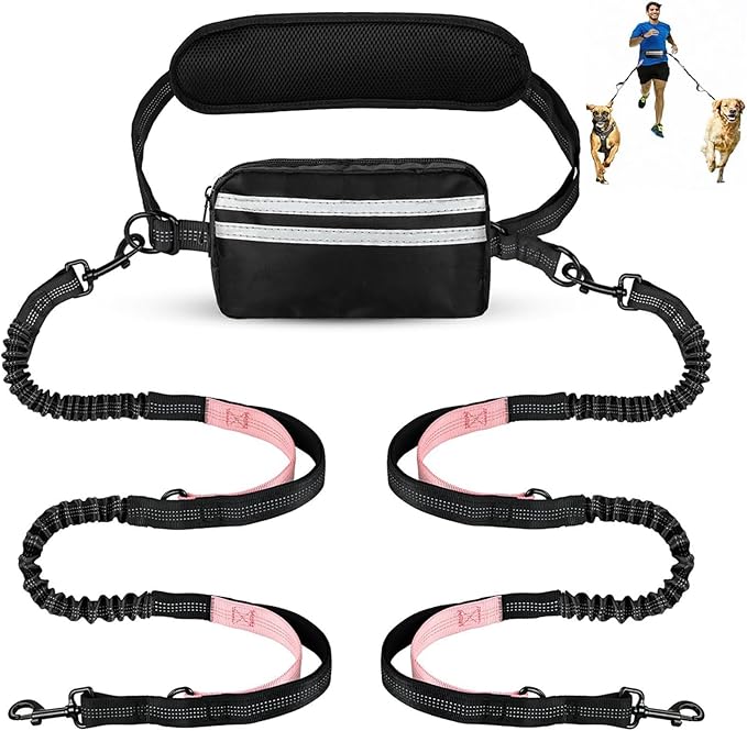 Hands Free Dog Leash with Pouch, Dual Attachment for Two Dogs, Retractable Bungee with Double Padded Handles, Waist-Mounted for Running,Walking, Jogging Friendly Dog Accessories (Black/Pink)