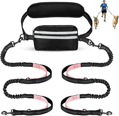 Hands Free Dog Leash with Pouch, Dual Attachment for Two Dogs, Retractable Bungee with Double Padded Handles, Waist-Mounted for Running,Walking, Jogging Friendly Dog Accessories (Black/Pink)