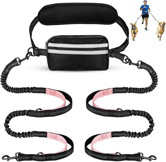 Hands Free Dog Leash with Pouch, Dual Attachment for Two Dogs, Retractable Bungee with Double Padded Handles, Waist-Mounted for Running,Walking, Jogging Friendly Dog Accessories (Black/Pink)