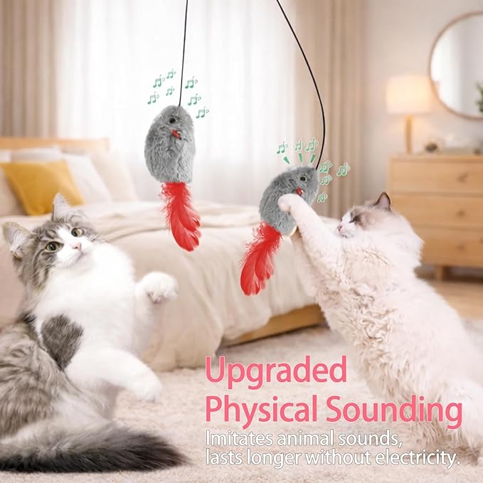 Interactive Hanging Mouse Cat Toys, 3 Pack Plush Mouse Cat Toy with Feather & Catnip, Movement-Activated Physical Sound, Adjustable Door Frame Self Play Toy for Indoor Cats