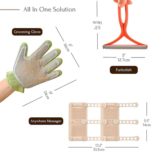 Petpals Pet Hair removal Tool, Portable Flexible Cat Massager,2 in 1 Pet Grooming Glove, Cat/Dog Hair Removal Brush for Rugs, Couch, Furniture, 3 in 1 Bundle,Valuable Kit