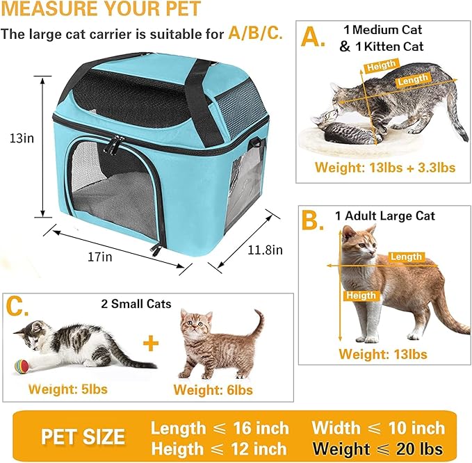 Large Cat Carrier for 2 Cats Safe Soft Side Pet Carrier for Dog Collapsible Travel Small Dog Carrier TSA Airline Approved Cat Carrier for Large Cats 20 lbs, Blue