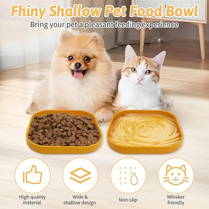 Fhiny 2PCS Silicone Cat Bowls Set 5.9 x 5.9 in Shallow Dog Dish Whisker Friendly Cat Food Plate for Dry & Wet Food Dishwasher Safe Non-Slip Pet Feeding Bowls for Kittens and Puppies (Yellow)