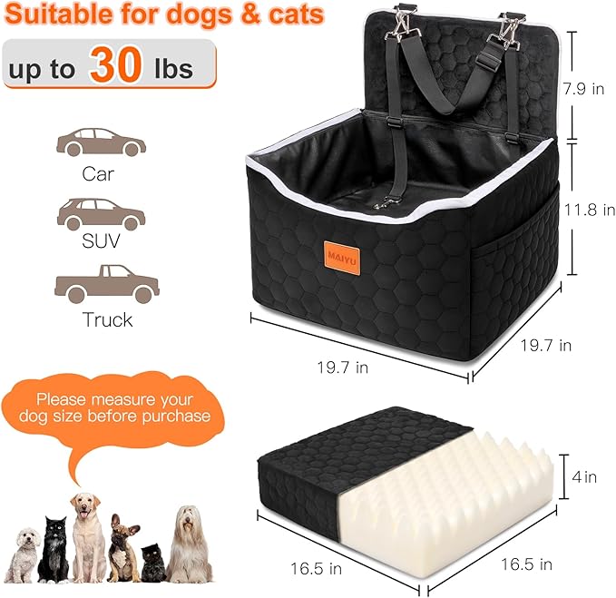 Dog Car Seat for Small Medium Dogs Under 35lbs - Dog Booster Car Seat with Adjustable Straps,Elevated Detachable Washable Pet Travel Cat Bed with Storage Pockets,2 Safety Belts (Black)