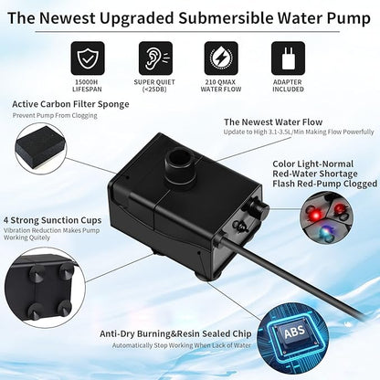 SIBAYS Cat Water Fountain Pump, Pet Water Fountain Replacement Pump for 9.5L/2.5Gal Large Dog Water Fountains(FS68), Mini Submersible Pump(Model: P03)