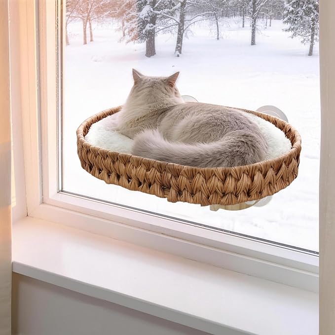 2 Ways Cat Window Perch with Solid Wood Frame, Wicker Design Cat Window Seat with 4 Suction Cups, Window Hammock for Cats Inside with Removable Cusion, Cat Hammock for Window & Wall