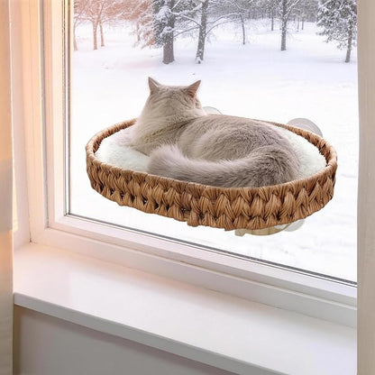 2 Ways Cat Window Perch with Solid Wood Frame, Wicker Design Cat Window Seat with 4 Suction Cups, Window Hammock for Cats Inside with Removable Cusion, Cat Hammock for Window & Wall