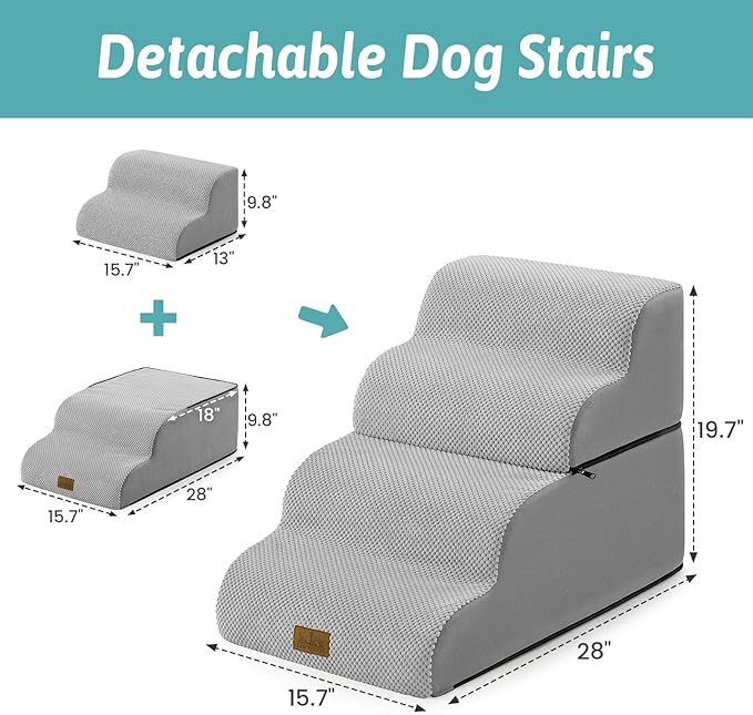 Detachable Curved Dog Stairs 19.7" H, 4 Step Small Dog Step for Puppy or Older Cat, Ramp for Bed, Sofa, Couch or Chair, Ladder with High Density Foam, 15.7x28.3x19.7 inch, Grey