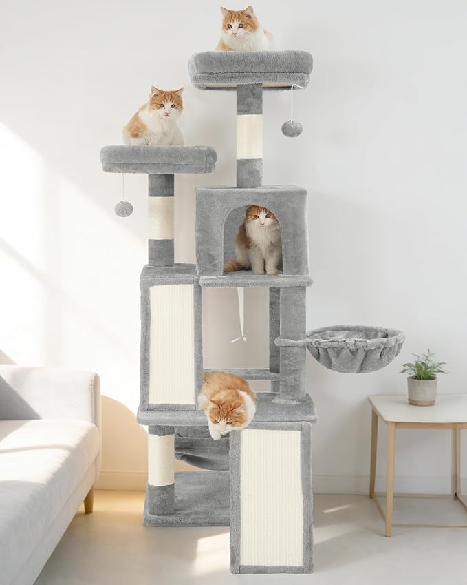 Multi-Level Cat Tree for Indoor Cats, Cat Tower with 2 Scratching Boards, 2 Plush Padding Platforms, Cat Condo House with Hammock, Basket, Light Gray GCT022W