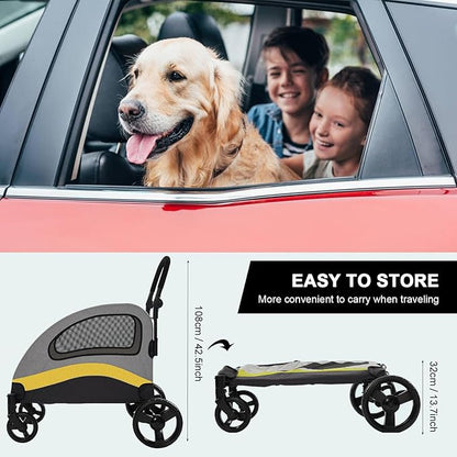 XL Extra Large Dog Stroller, All-Terrain 4 Wheel for 2 Medium Dogs, One-Click Foldable, Adjustable Handles, Dual Entry Safety Dog Stroller, Capacity 88lbs (Gray-Yellow)