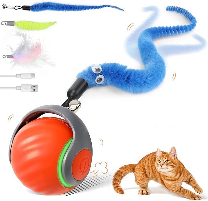 Automatic Interactive Cat Toy Ball with 3 Tails，Rechargeable Moving Cat Toy for Indoor Cats，Cat Toys Balls for Indoor Cats|Fun Interactive Cat Toys & Perfect Cat Gifts，cat ChaCe Toy，Motion Activated