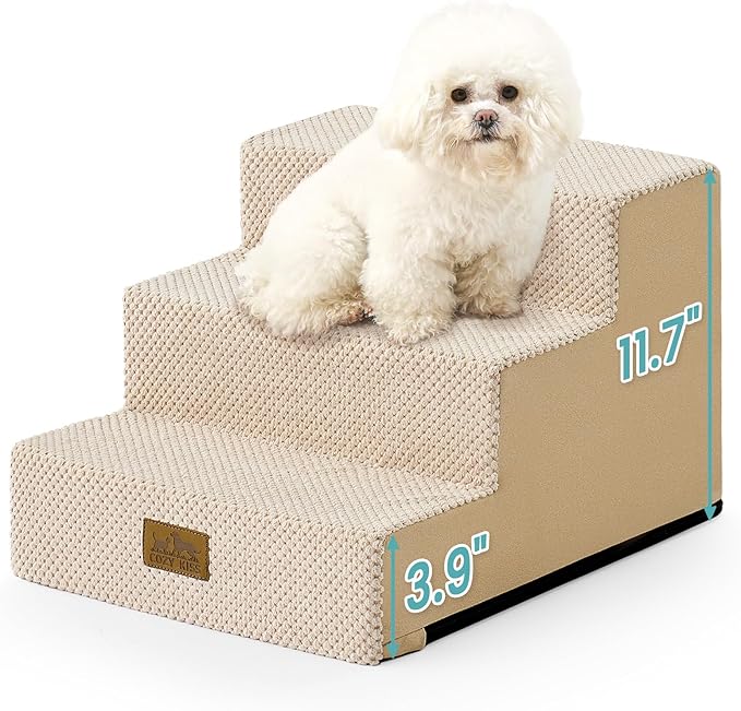Dog Stairs for Small Dogs 11.7" H, 3-Step Gentle Incline Pet Step for Couch Chiars, Right-Angle Dog Ramp for Puppy Doggie Senior Cats, 15.7x17.7x11.7 Inch, Beige