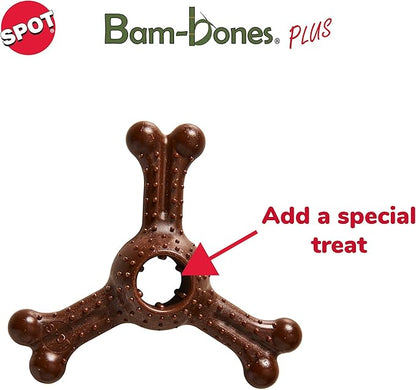 SPOT Bam-Bones Plus Triple Chew - Bamboo Fiber & Nylon, Durable Long Lasting Dog Toy for Aggressive Chewers – Great for Adult Dogs & Teething Puppies Under 30lbs, Non-Splintering, 4in, Bison Flavor