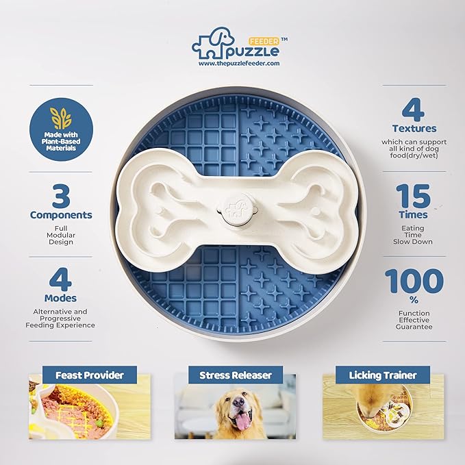 Puzzle Feeder Slow Dog Bowl for Dry, Wet, and Raw Food - 9.8 Inches Lick Bowl Makes Mealtime Fun for Large Dogs, Blue