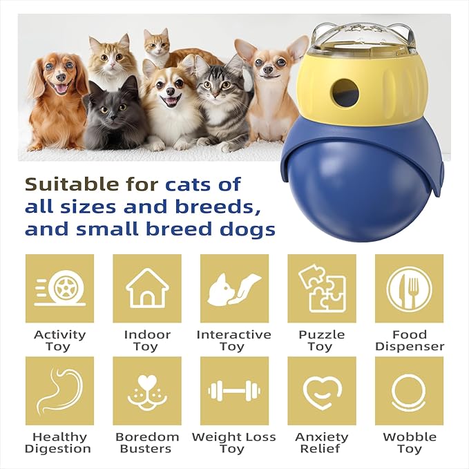 Cat Interactive Toys for Indoor Cats Adjustable Treat Puzzle Food Dispenser Weight Loss Tumbler Slow Feeder Fun Kitty Sliding Rolling Ball Enrichment Toy for Kitten Adult Cats Small Dogs