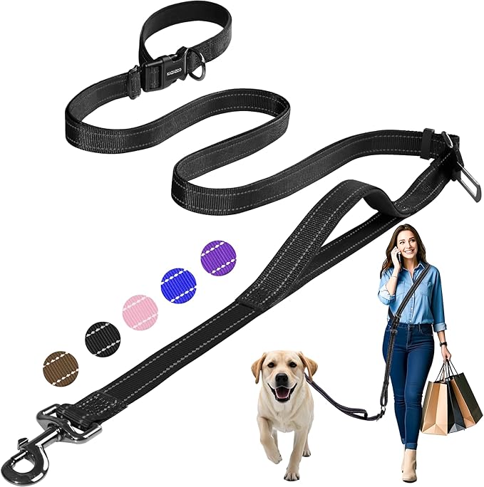 Kazazoo Hands-Free Dog Leash with Adjustable Length 5.5-8.5FT + Dual Padded Handles Reflective Safety for Walking, Jogging & Training | Suitable for Medium to Large Dogs & Puppies M Size Black