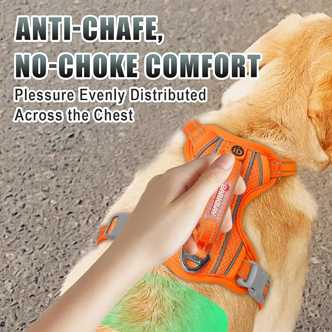 BARKBAY No Pull Dog Harness Large Reflective Dog Harness with Front Clip and Easy Control Handle for Walking Training Running with ID tag Pocket(Orange,XL)