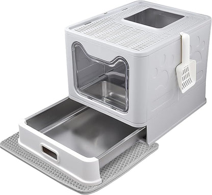 Enclosed Cat Litter Box with Lid Top Exit Covered Metal Stainless Steel Litter Box Leak Proof & Odorless Easy to Clean Including Cat Litter Scoop and Litter Mat