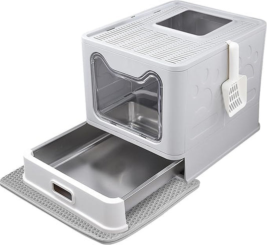 Enclosed Cat Litter Box with Lid Top Exit Covered Metal Stainless Steel Litter Box Leak Proof & Odorless Easy to Clean Including Cat Litter Scoop and Litter Mat