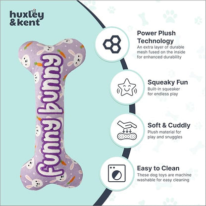 Huxley & Kent Funny Dog Toy w/Squeaker – Power Plush Squeaky Dog Toys for Small, Medium & Large Dogs – Soft Stuffed Animal for Indoor Play & Fetch - Funny Bunny Bone, Small