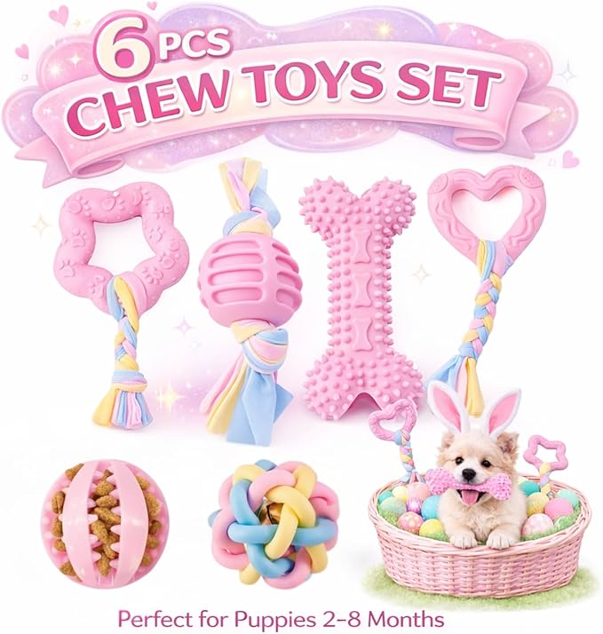 Pink Puppy Toys, 6- Pack Teething Chew Toys, Soft Durable Rubber Teething Toys for Puppies Small Breeds, Eco-Friendly, Interactive Puppy Chew Toys for Small Dogs, (Basket not Included)