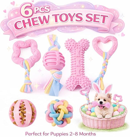 Pink Puppy Toys, 6- Pack Teething Chew Toys, Soft Durable Rubber Teething Toys for Puppies Small Breeds, Eco-Friendly, Interactive Puppy Chew Toys for Small Dogs, (Basket not Included)