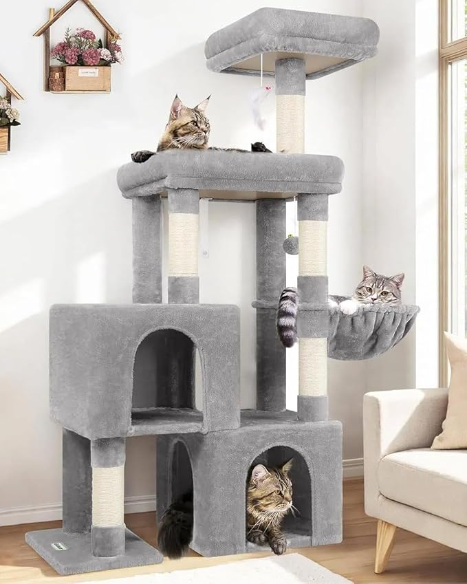 Globlazer Cat Tree Tower with 2 Cat Condos for Multiple Indoor Cats, 52in Multi-Level Plush Cat Condo Tower with 5 Sisal Scratching Posts, 2 Padded Perches, Big Basket, Widened Base, S52, Light Grey