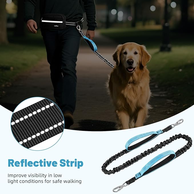 Hands Free Dog Leash with Pouch, Waist Leash for Dog Walking, Jogging, Hiking, Retractable Leashes with Dual Padded Handles, Adjustable Reflective Belt for Small, Medium, Large Dogs