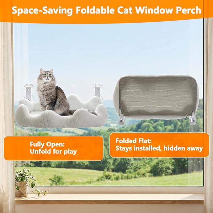 Homegroove Cat Window Perch, 24 x 12 Inch Foldable Cat Hammock for Window with 4-Sided Bolster & 4 Large Suction, Cloud Shape Cordless Window Bed for Indoor Cats (White, Large(24'' x 12''))